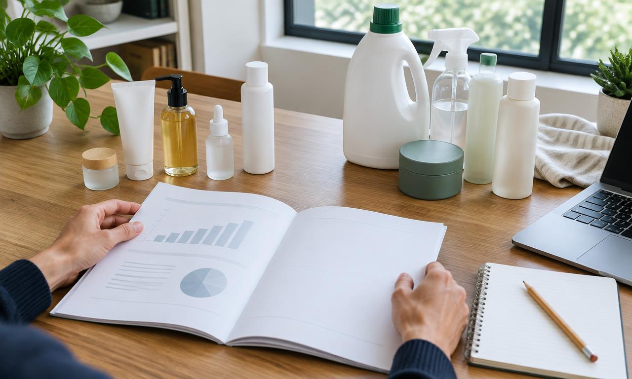 Illustrative ownership-research desk with a report and grouped unbranded containers; not a real company's portfolio