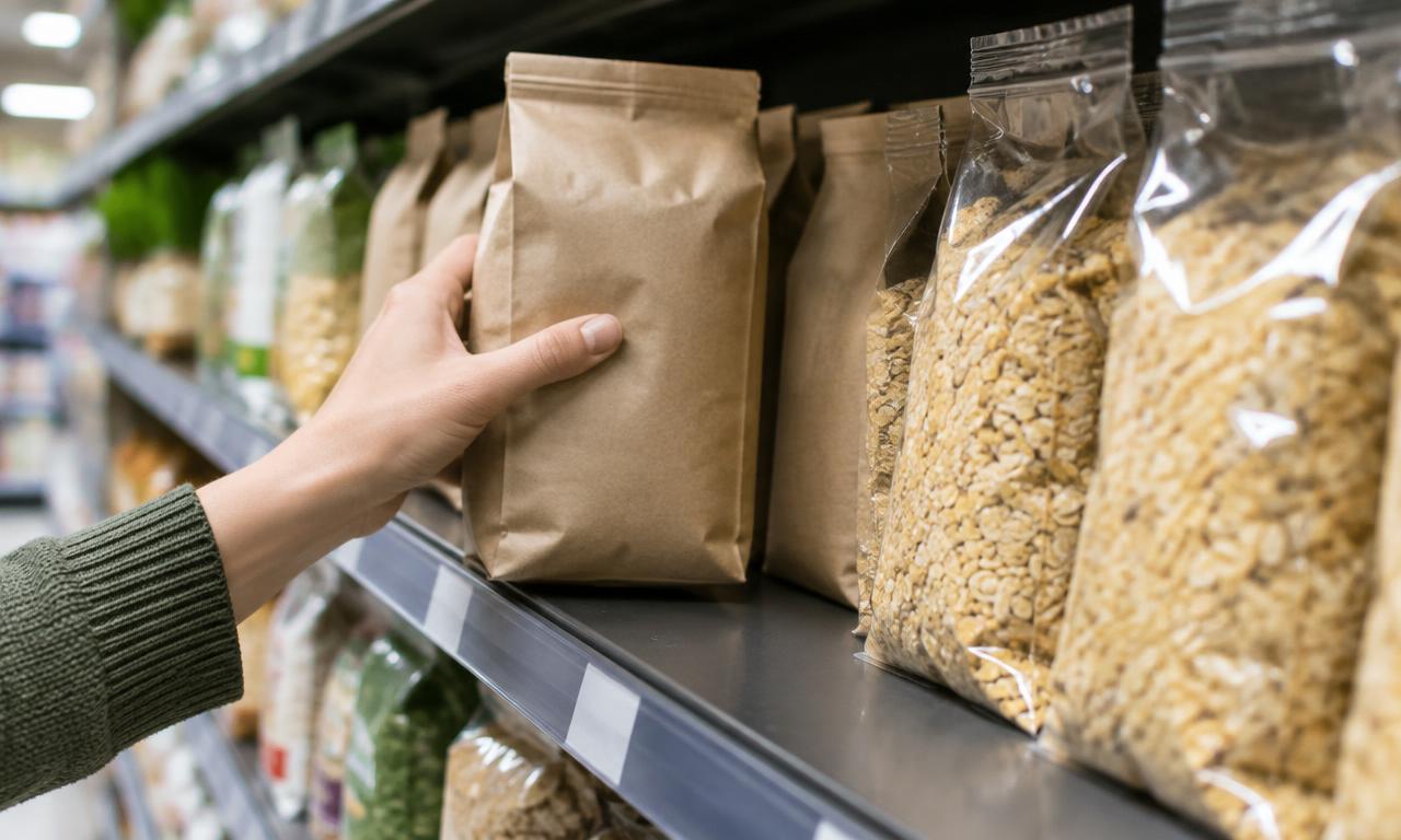 Hand wählt ein papierverpacktes Produkt im Supermarktregal
