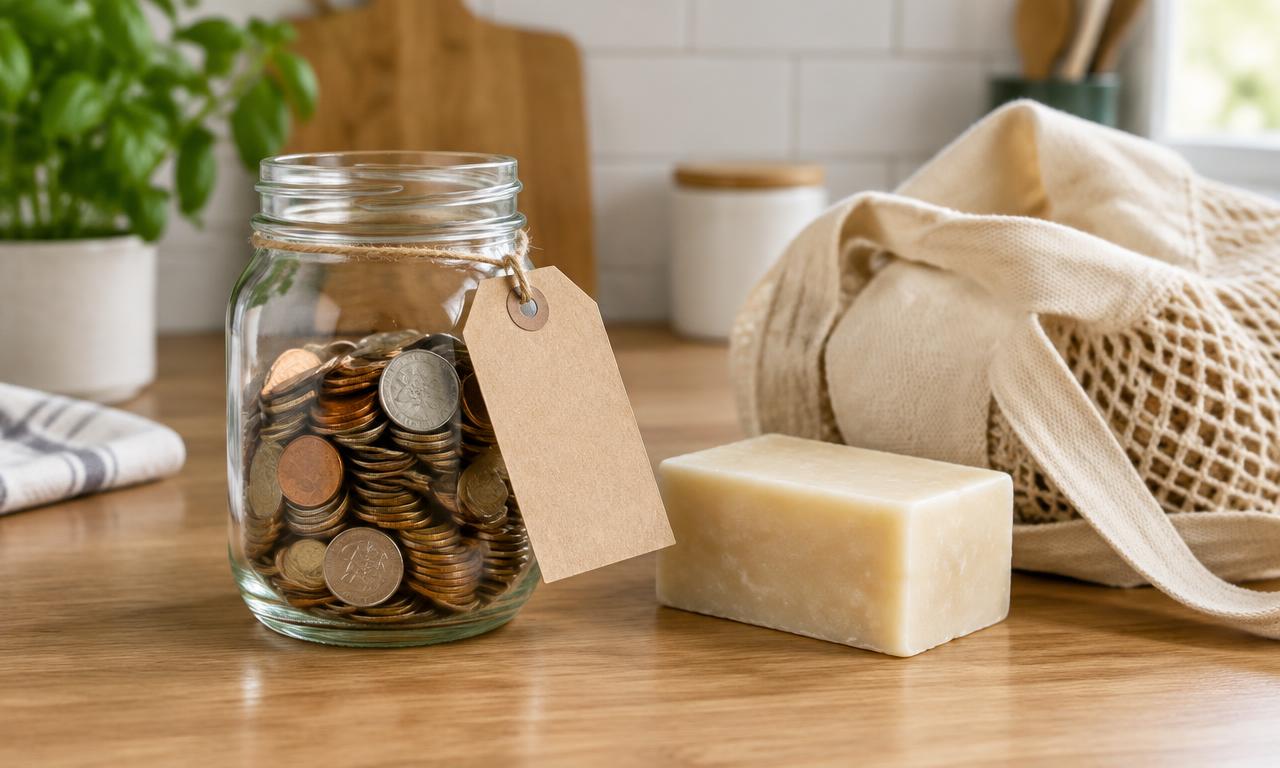 Jar of coins, blank price tag, bar soap and reusable bag