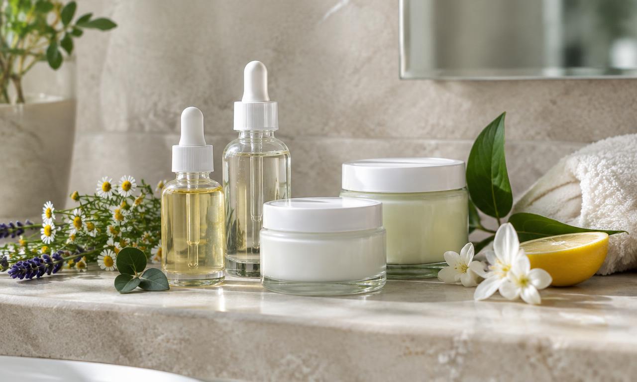 Pots et flacons compte-gouttes sans marque avec des plantes dans une salle de bain