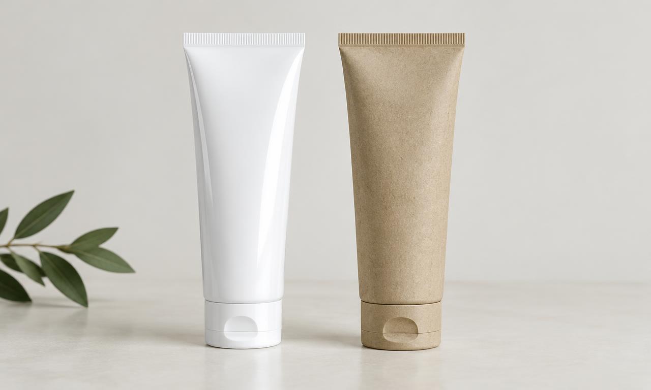 Two similar cosmetic tubes, one glossy and one in recycled paper