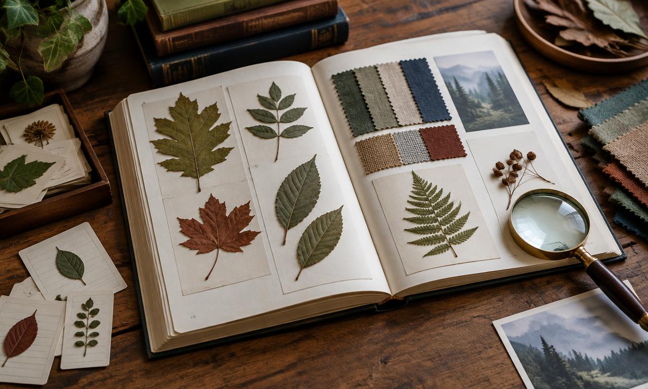 Ouvrage de référence avec feuilles séchées et échantillons de tissu