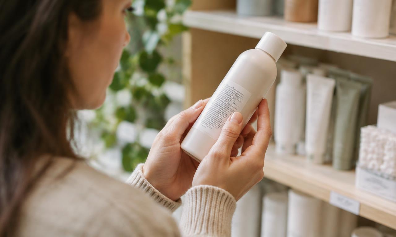 Person liest die Zutatenliste einer unbeschrifteten Flasche