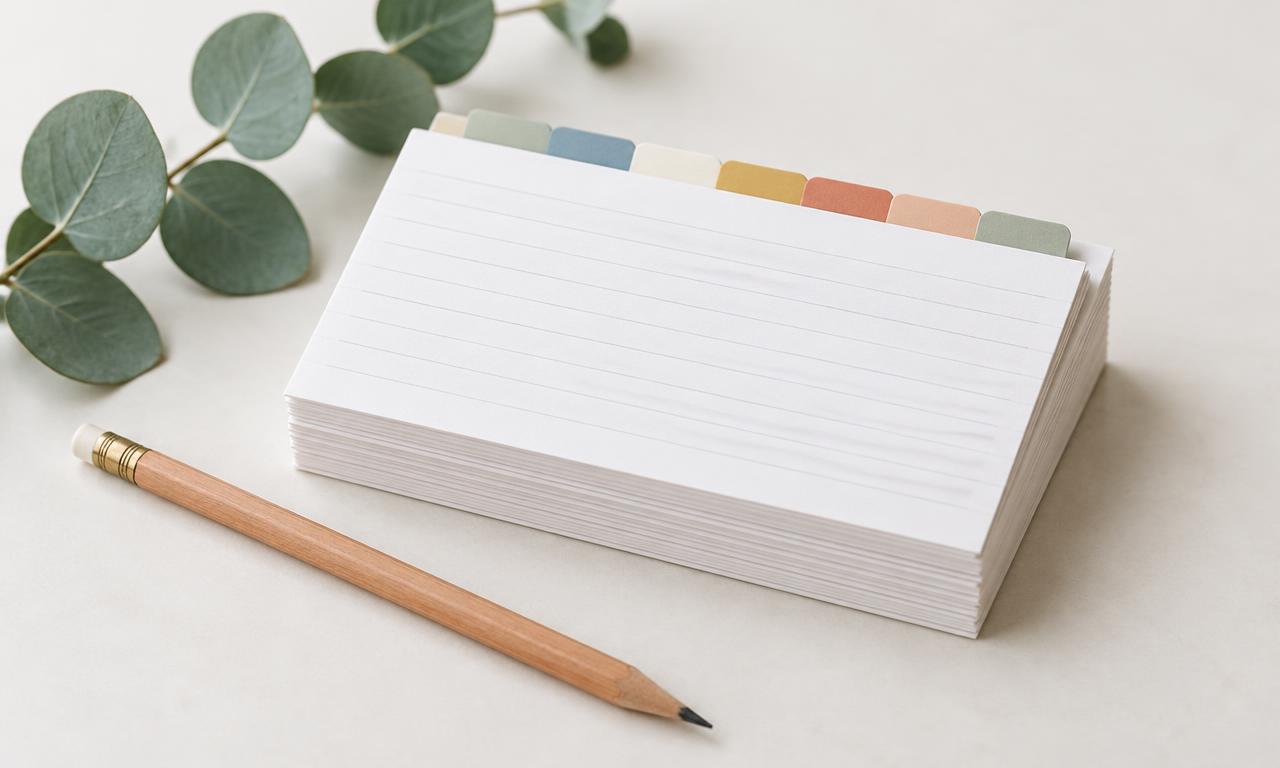 Karteikarten mit Registern, Bleistift und Eukalyptus