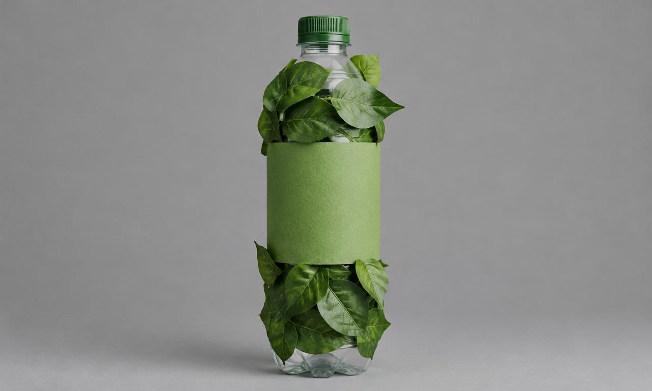 Plastic bottle disguised with leaves and a green sleeve