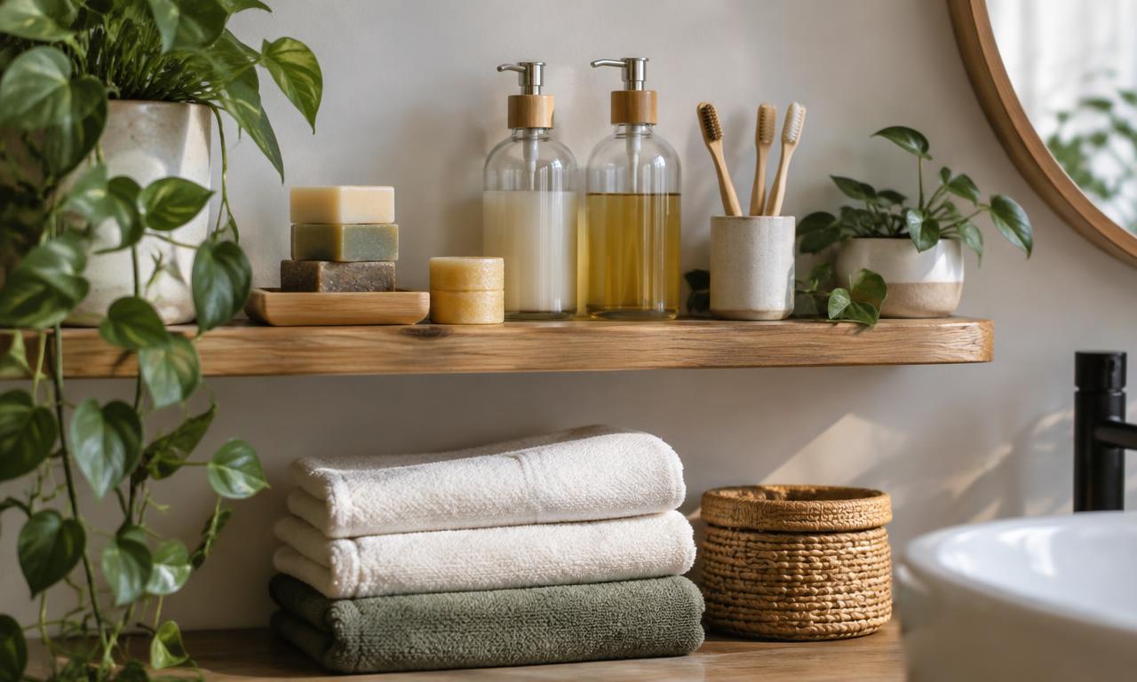 Badregal mit festen Shampoos, Glasspendern und Handtüchern