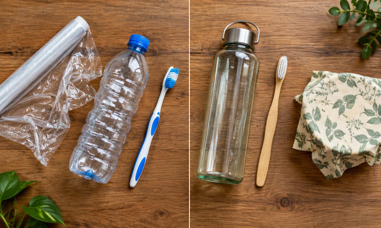 Objetos de plástico desechable junto a alternativas de vidrio, bambú y tela
