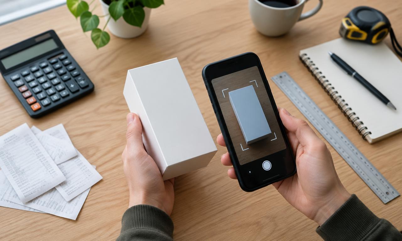 Calculadora, tiques y un móvil escaneando una caja
