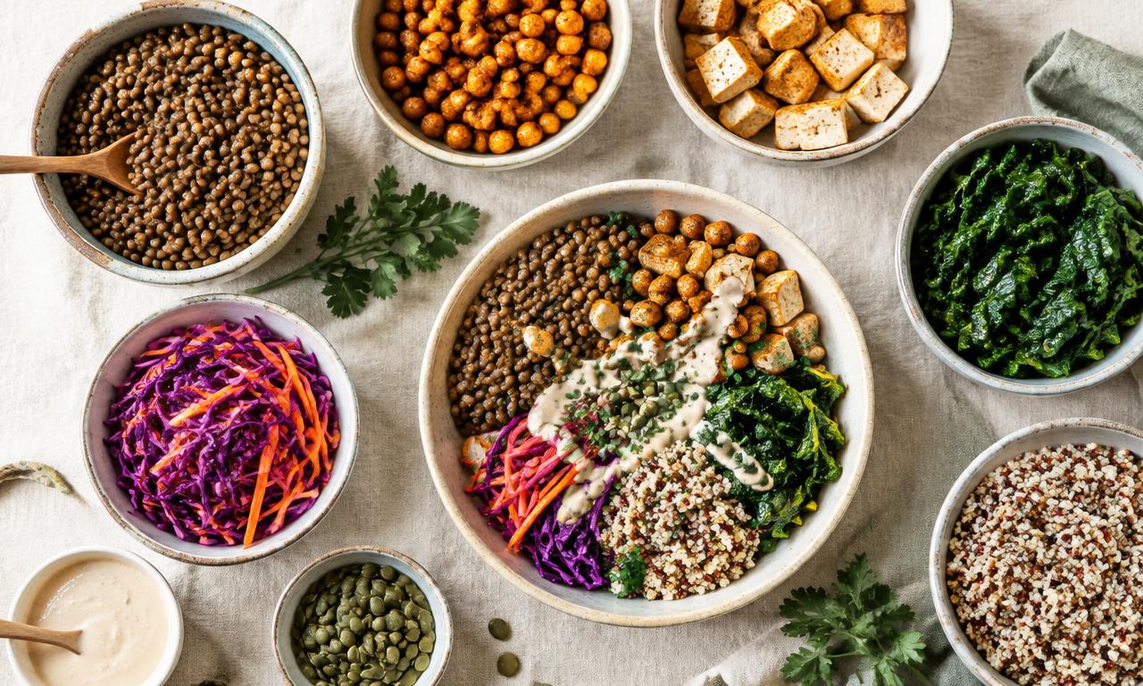 Pflanzliche Schalen mit Linsen, Kichererbsen, Tofu, Grünkohl und Quinoa